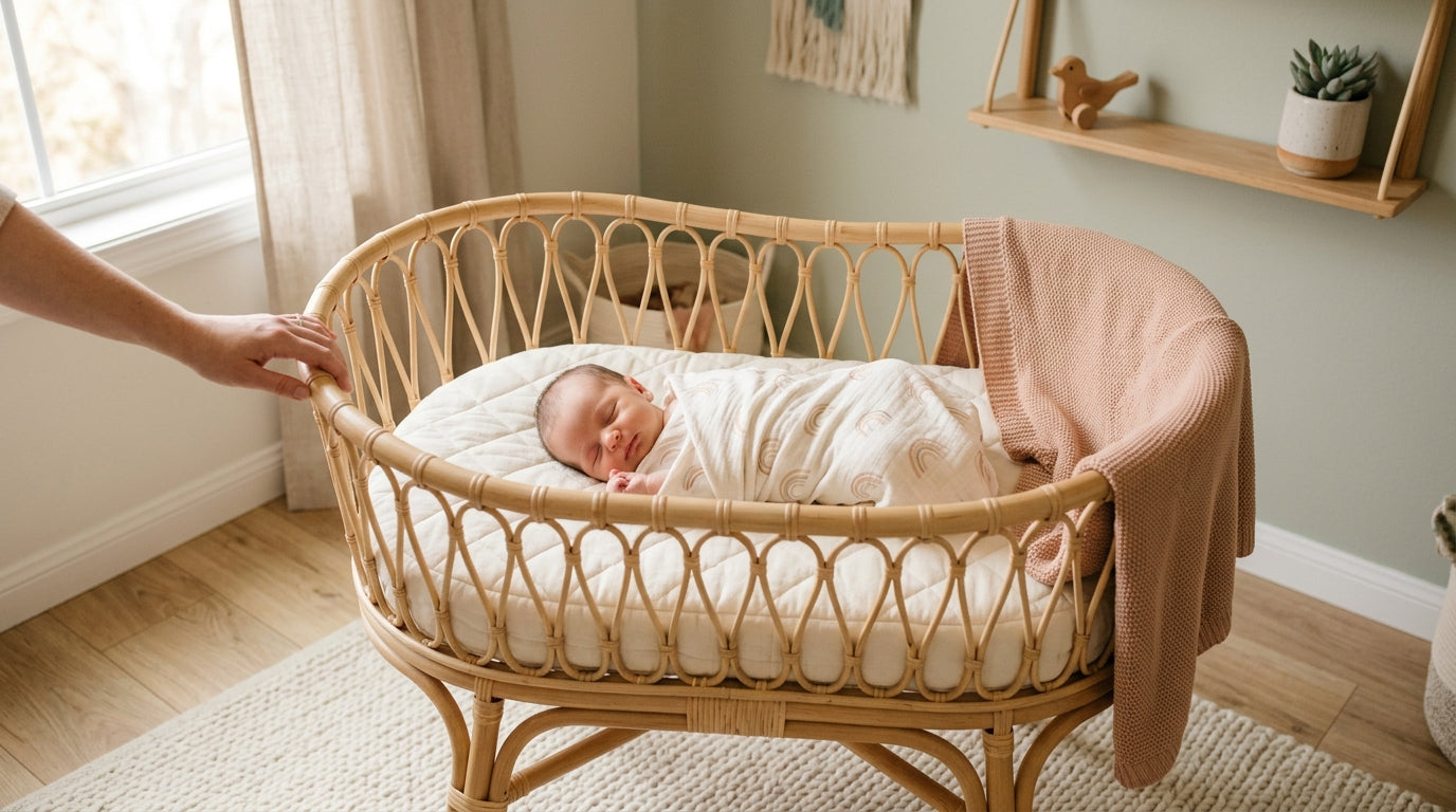 Tired dad looking at a newborn safely asleep in a flat minimalist bedside bassinet