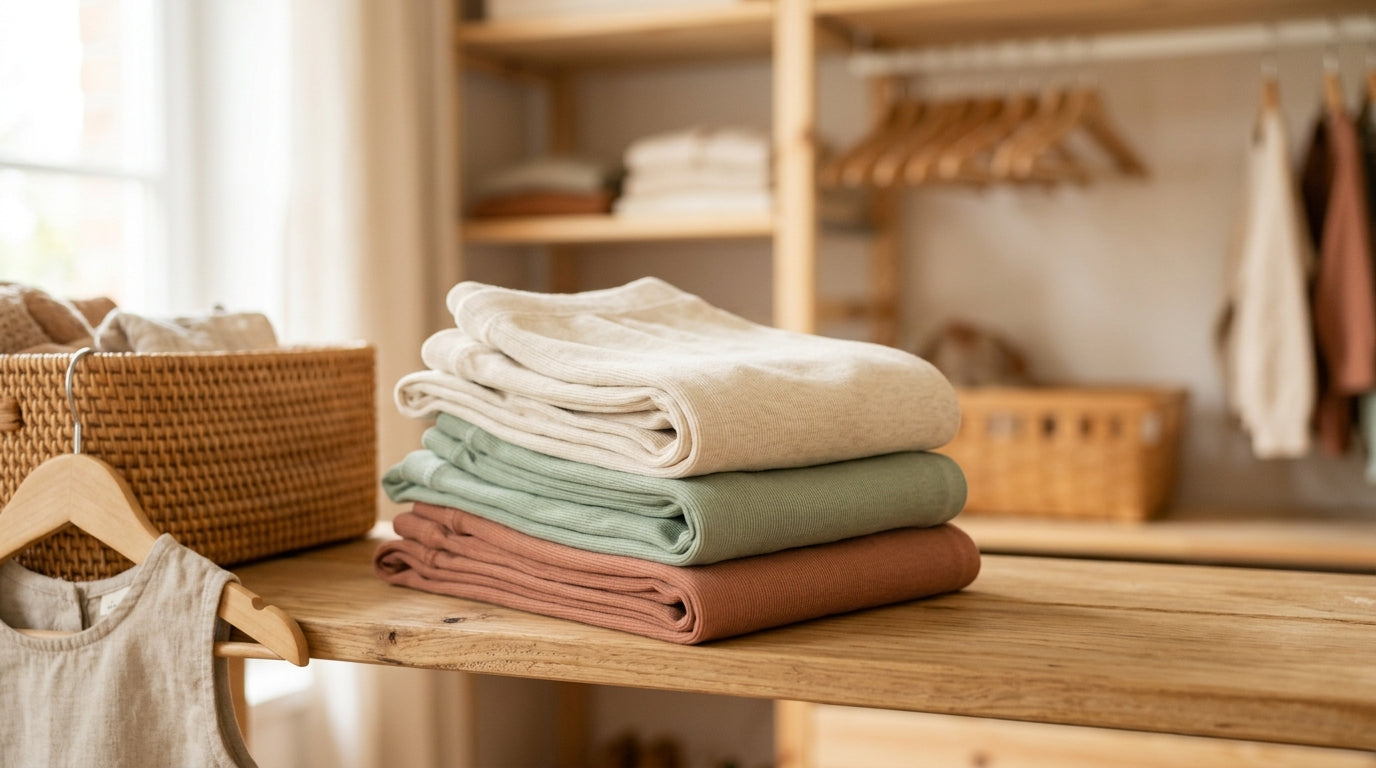 Dad holding a confusing pile of black cotton leggings while baby crawls away.