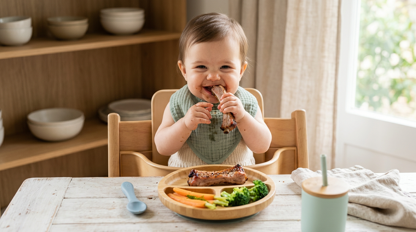 A baby gnawing on a large spare rib bone while sitting on a patterned bamboo blanket