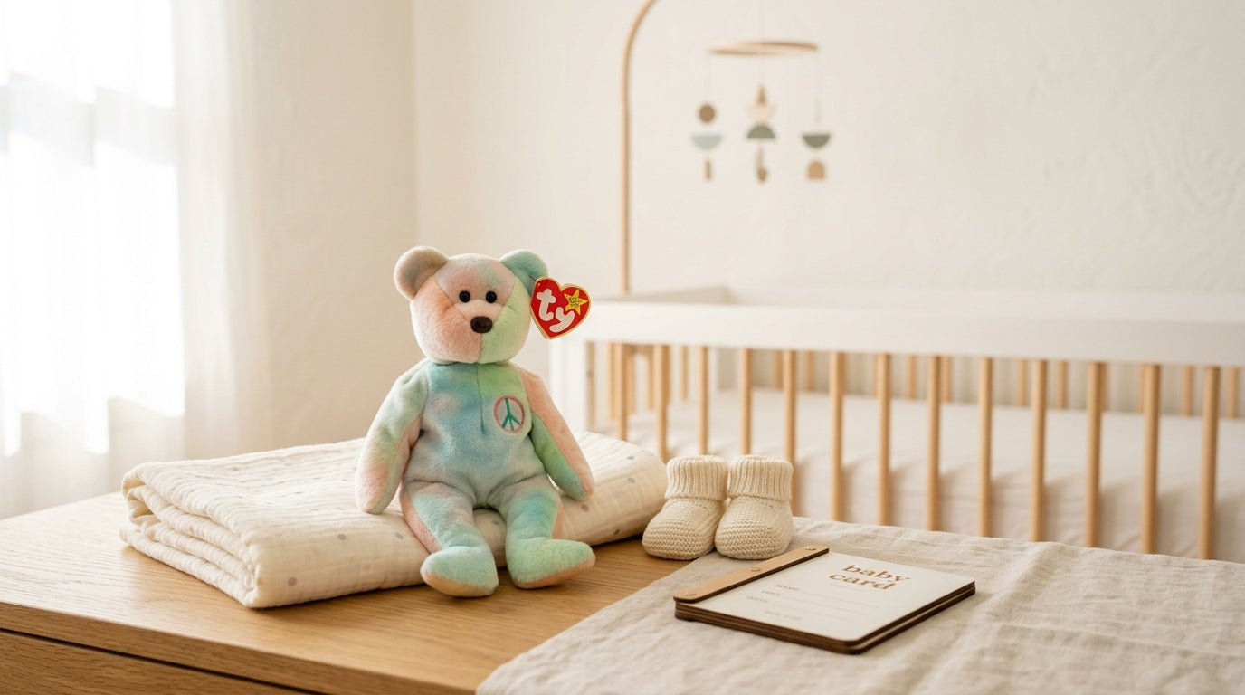 A vintage 90s plush toy sitting on a wooden shelf next to modern baby nursery decor.
