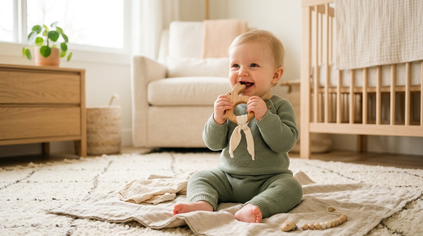 My youngest chewing on a maple wooden teether while sitting in her high chair.