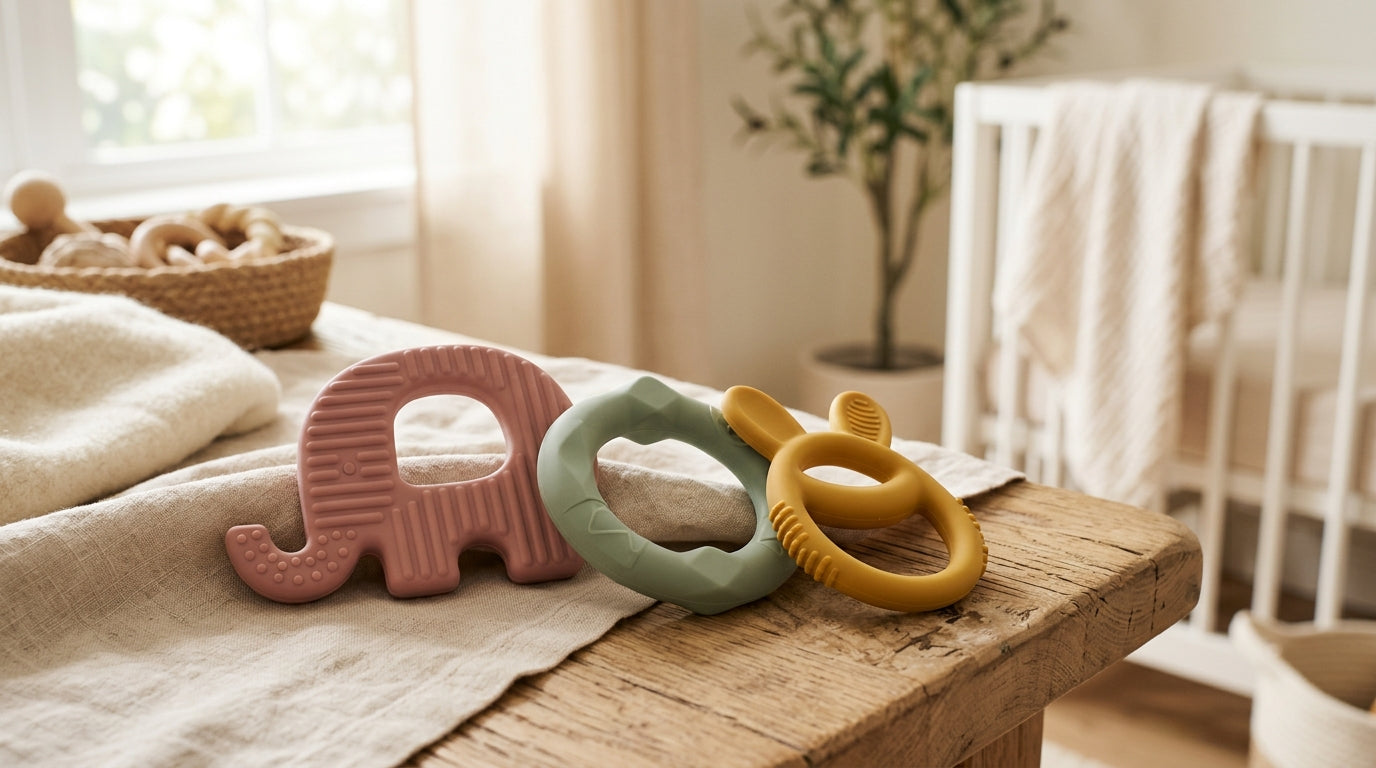 Maya chewing furiously on a green textured silicone teething ring