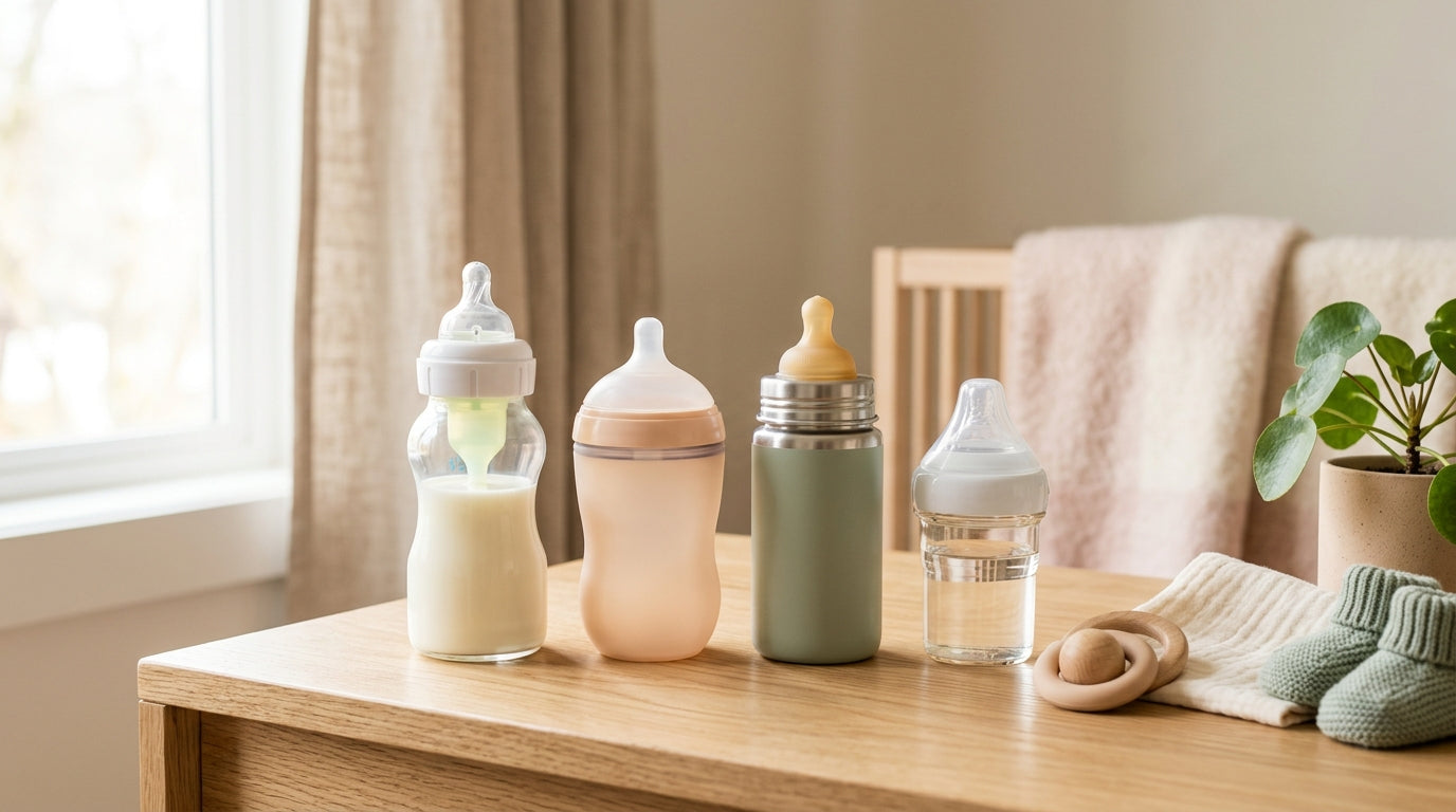Tired mom sitting in a rocking chair holding a glass baby bottle