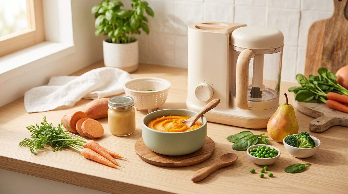 Clueless dad staring at a disassembled baby food maker on a kitchen counter