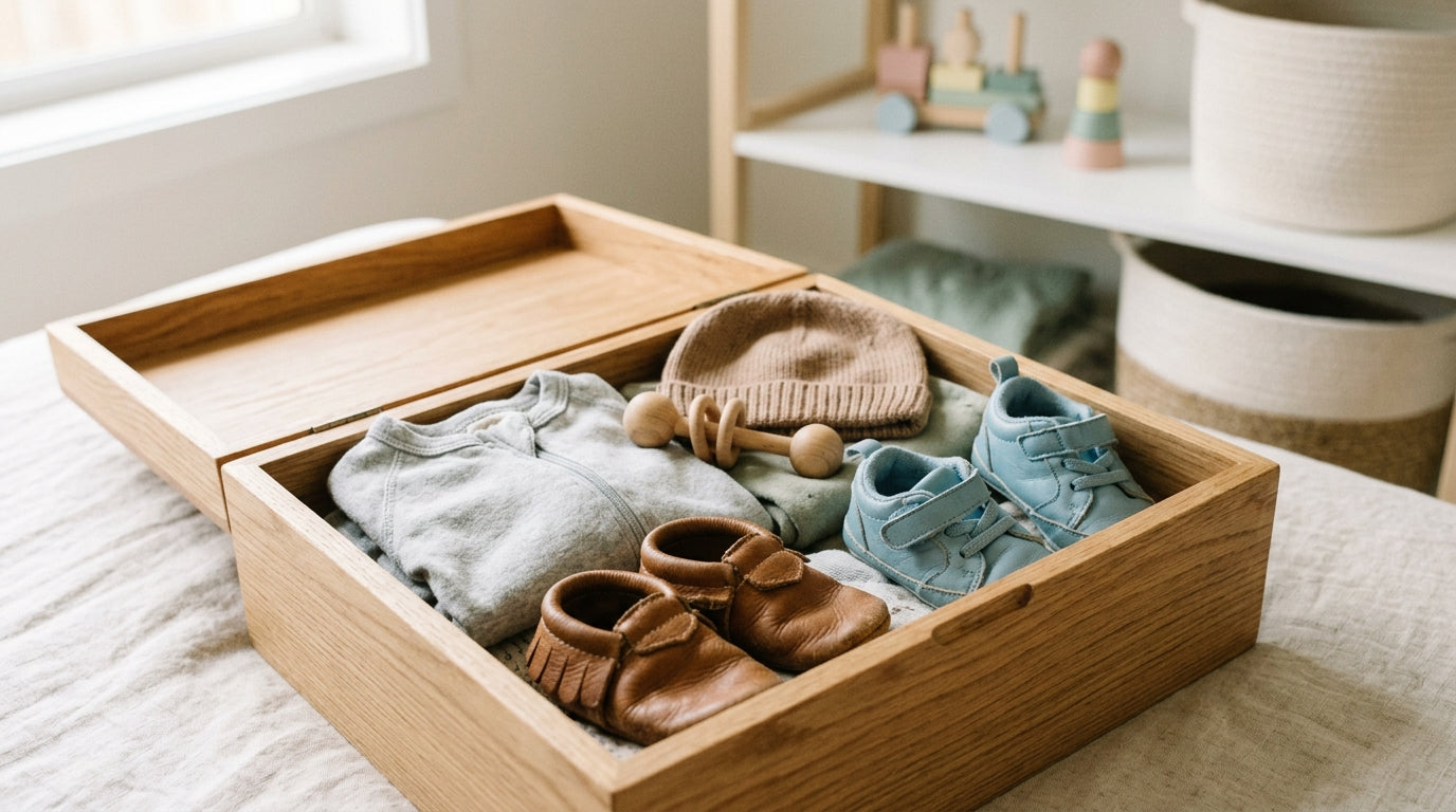 A toddler standing barefoot on a carpet holding a pair of stiff baby sneakers