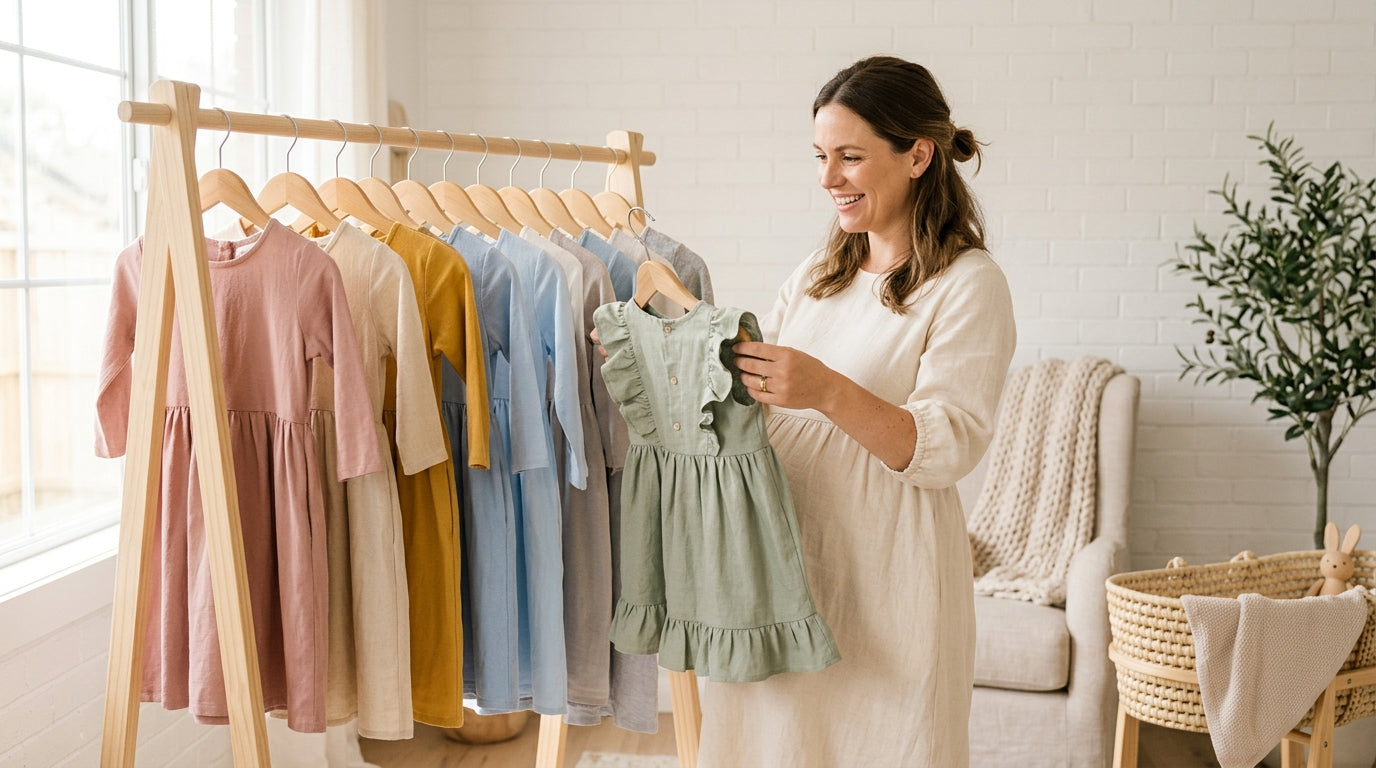 A pregnant woman looking slightly exhausted while shopping for a maternity party dress