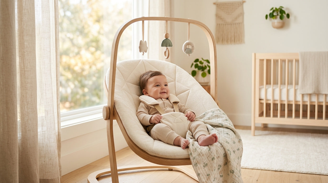 A modern baby swing next to a pile of folded organic baby blankets.