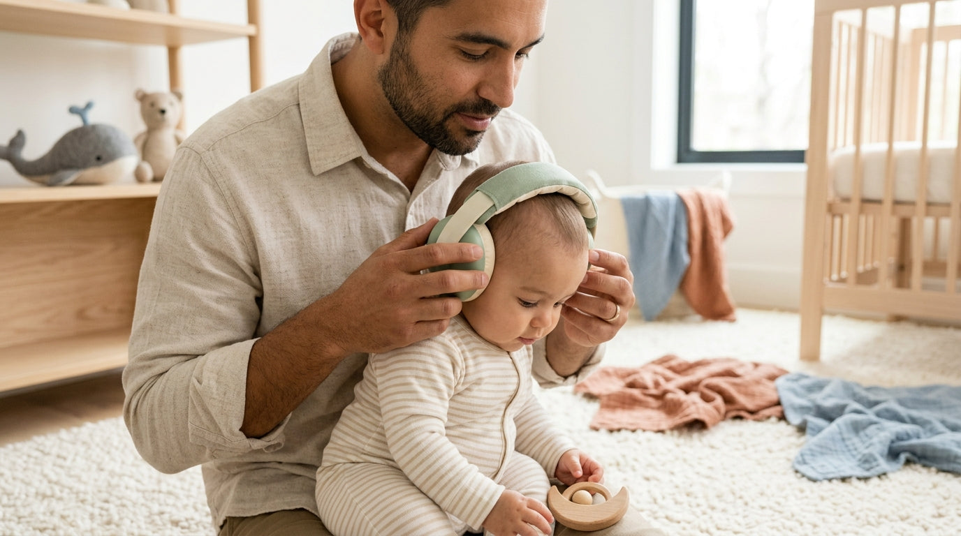 Dad holding an 11-month-old baby in a living room next to a smart speaker.