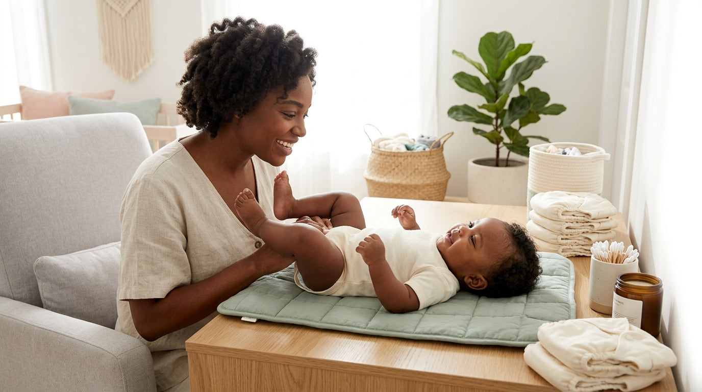 A tired dad trying to wrangle twin babies during a very messy nappy change on a vegan leather mat.