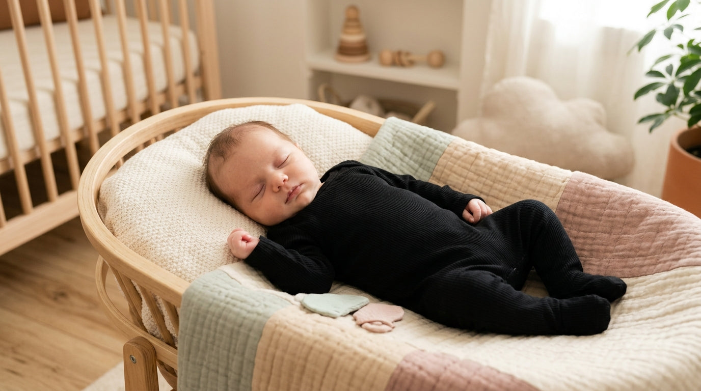 A folded black long sleeve infant bodysuit next to a wooden pacifier clip
