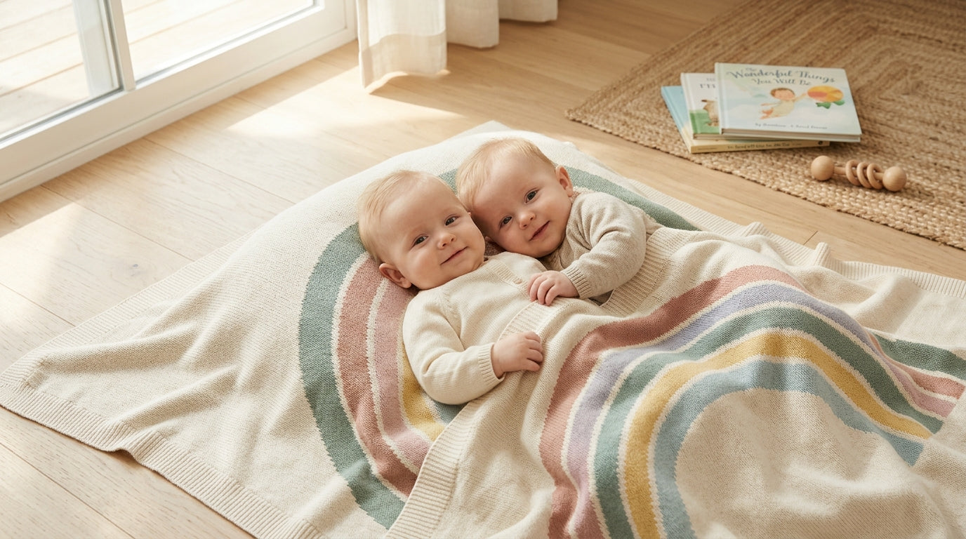 A soft bamboo blanket covered in rainbows draped over a wooden nursery cot.