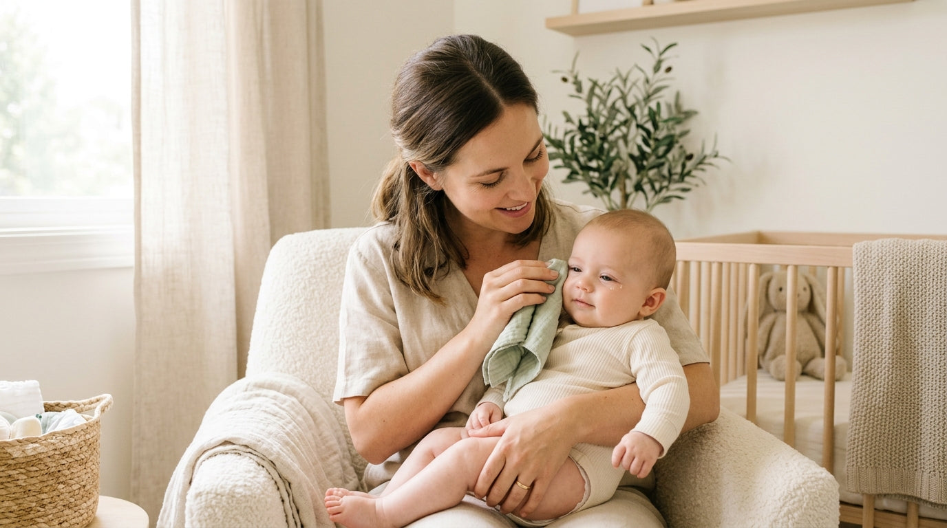 Frustrated mom wiping her baby's crusty eye with an organic cotton round while the baby chews a teething toy