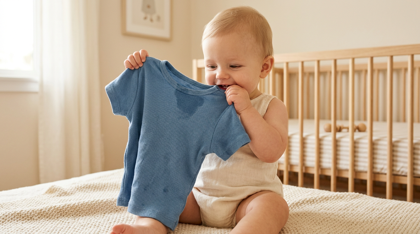 11-month-old baby chewing on the collar of a navy blue baby tee while holding a wooden teether