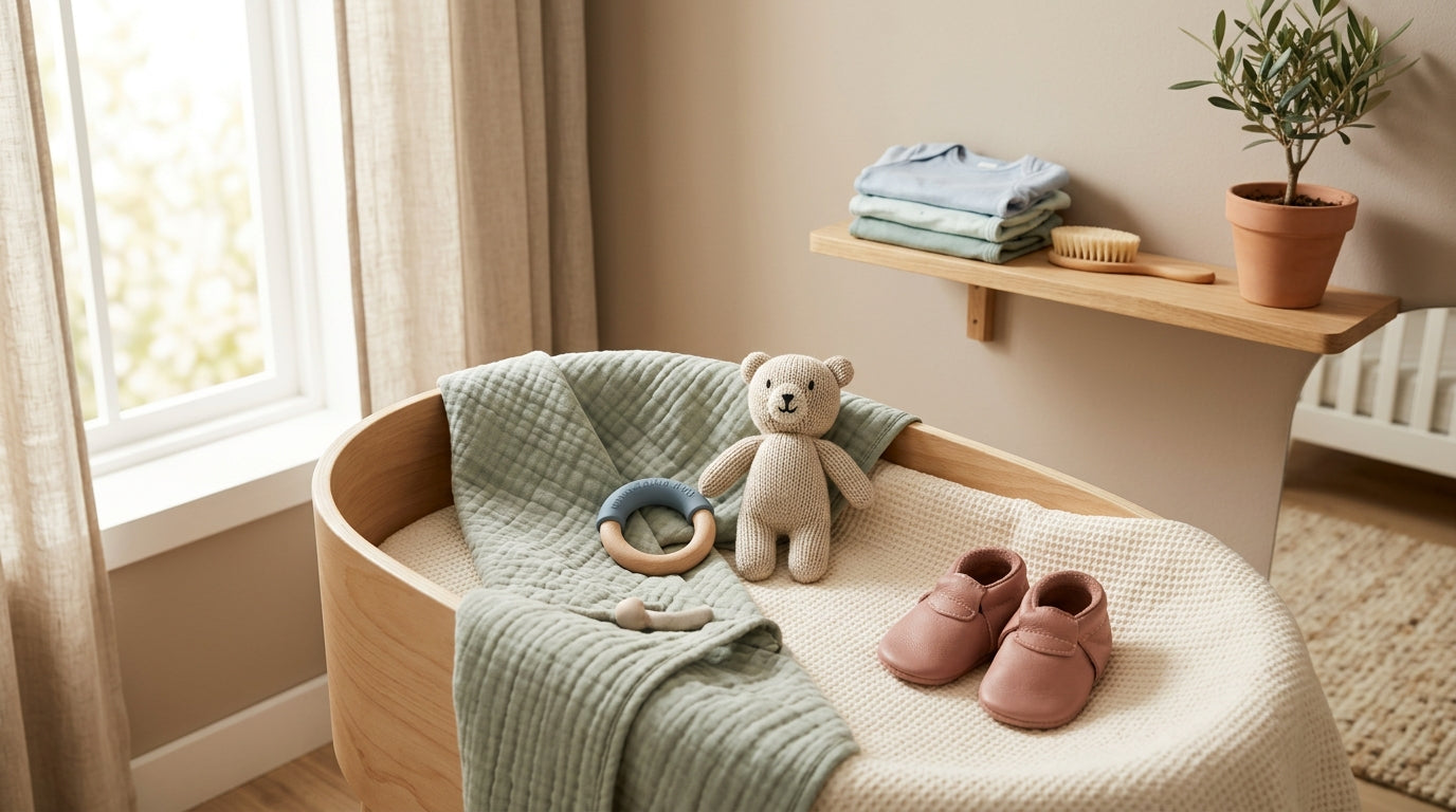 Jess looking exhausted holding a baby in a carrier while staring at her smartphone