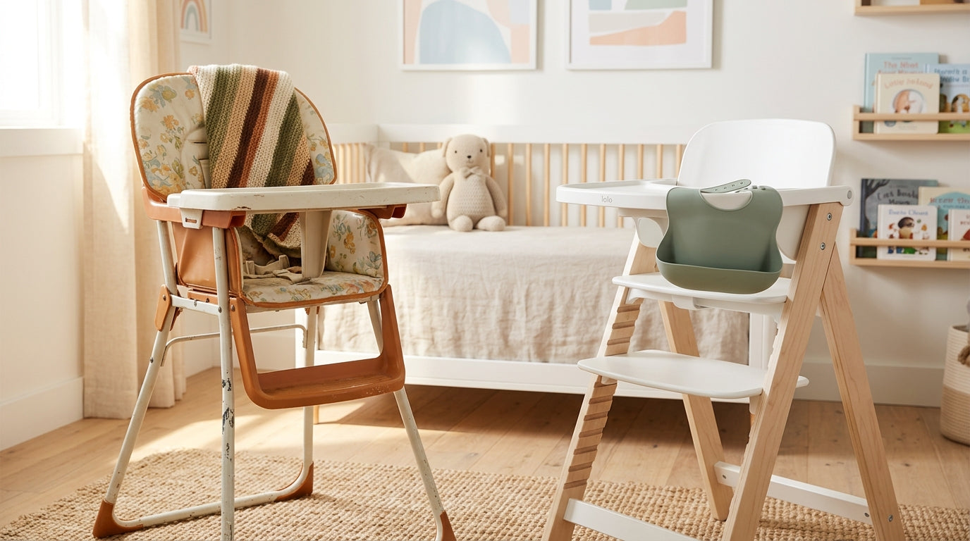 Frustrated mom holding coffee next to a pile of vintage 1980s baby gear.