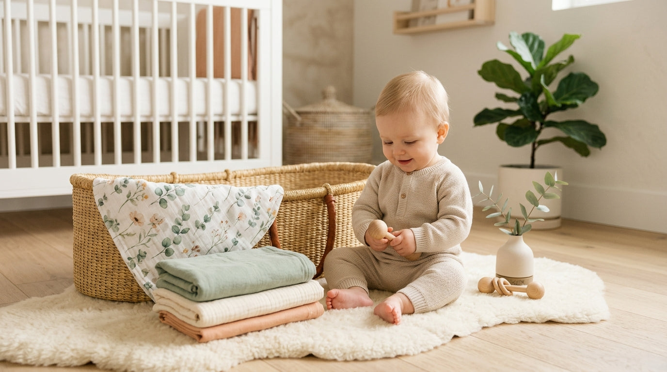 A slightly wrinkled floral baby blanket draped over the edge of a wooden crib