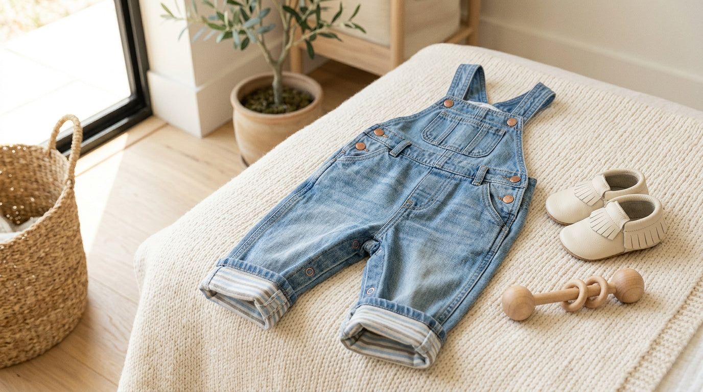 A confused dad holding up tiny rigid boys pants next to a squirming baby.