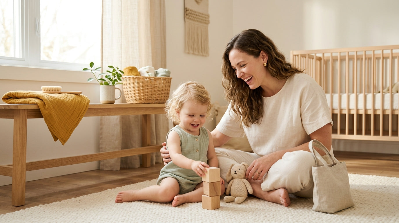 A tired dad holding a silicone pacifier case while reading a contract on his laptop