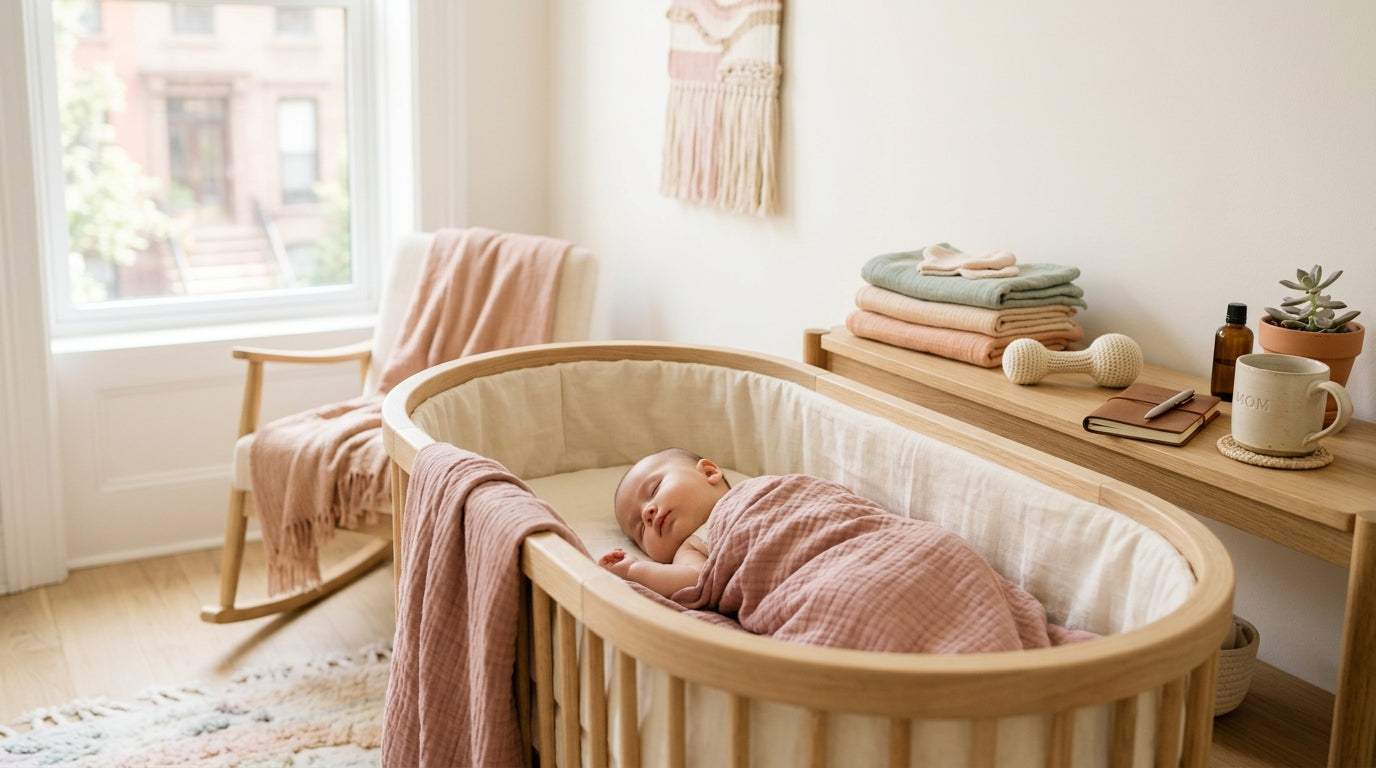 A tired mom holding a coffee and an organic cotton baby onesie in a city apartment.