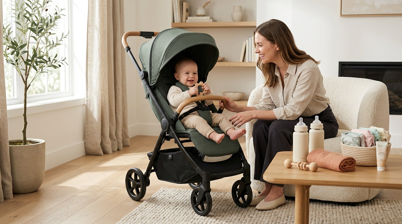 Tired mom pushing a muddy toddler in a budget wagon holding an organic baby bodysuit.