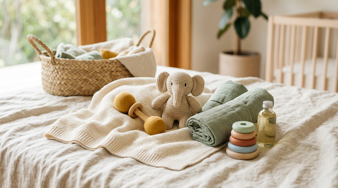 Tired mom holding a cold coffee and a hastily wrapped baby gift in her kitchen.