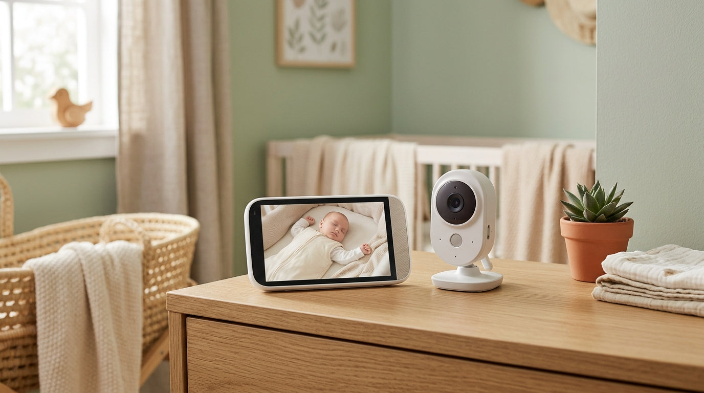 A simple non-wifi video baby monitor sitting on a wooden nightstand in the dark.