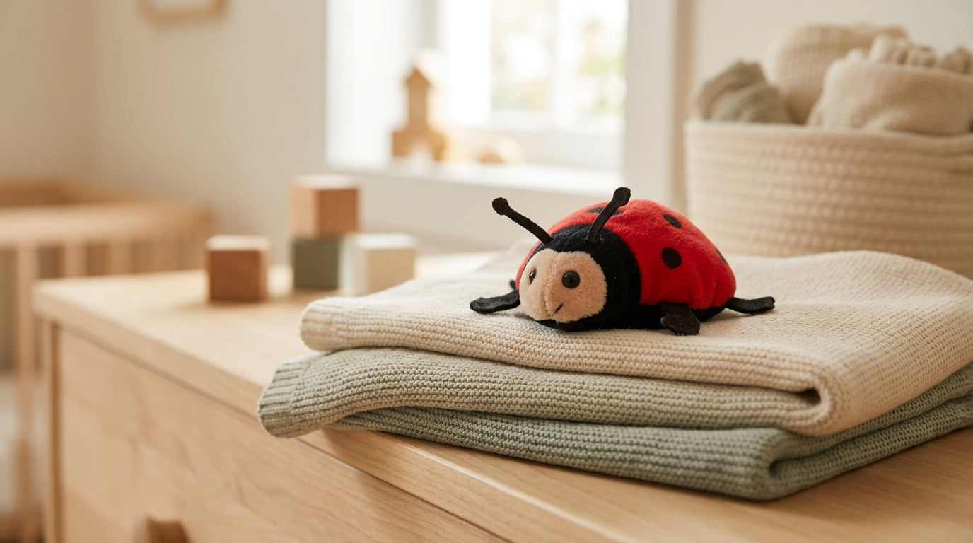 Vintage insect beanie baby sitting next to modern organic cotton infant teething toys