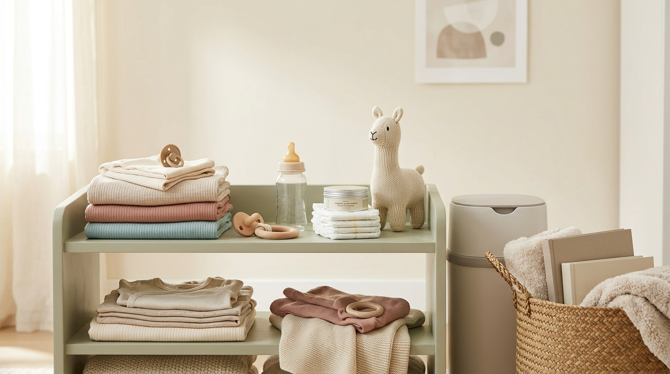 Mother organizing a minimalist baby depot of clothes and gear in nursery