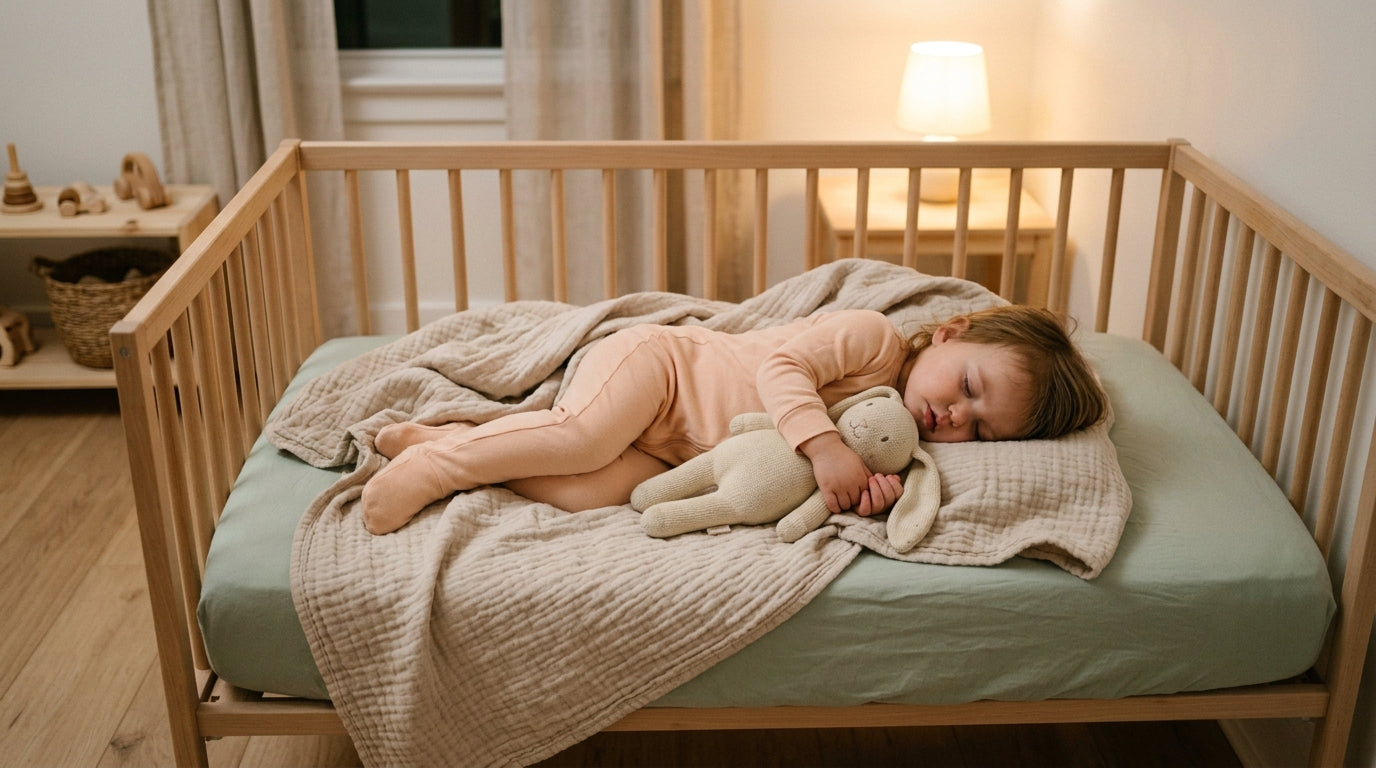 A worn out baby security blanket with a stuffed rabbit head on a crib mattress