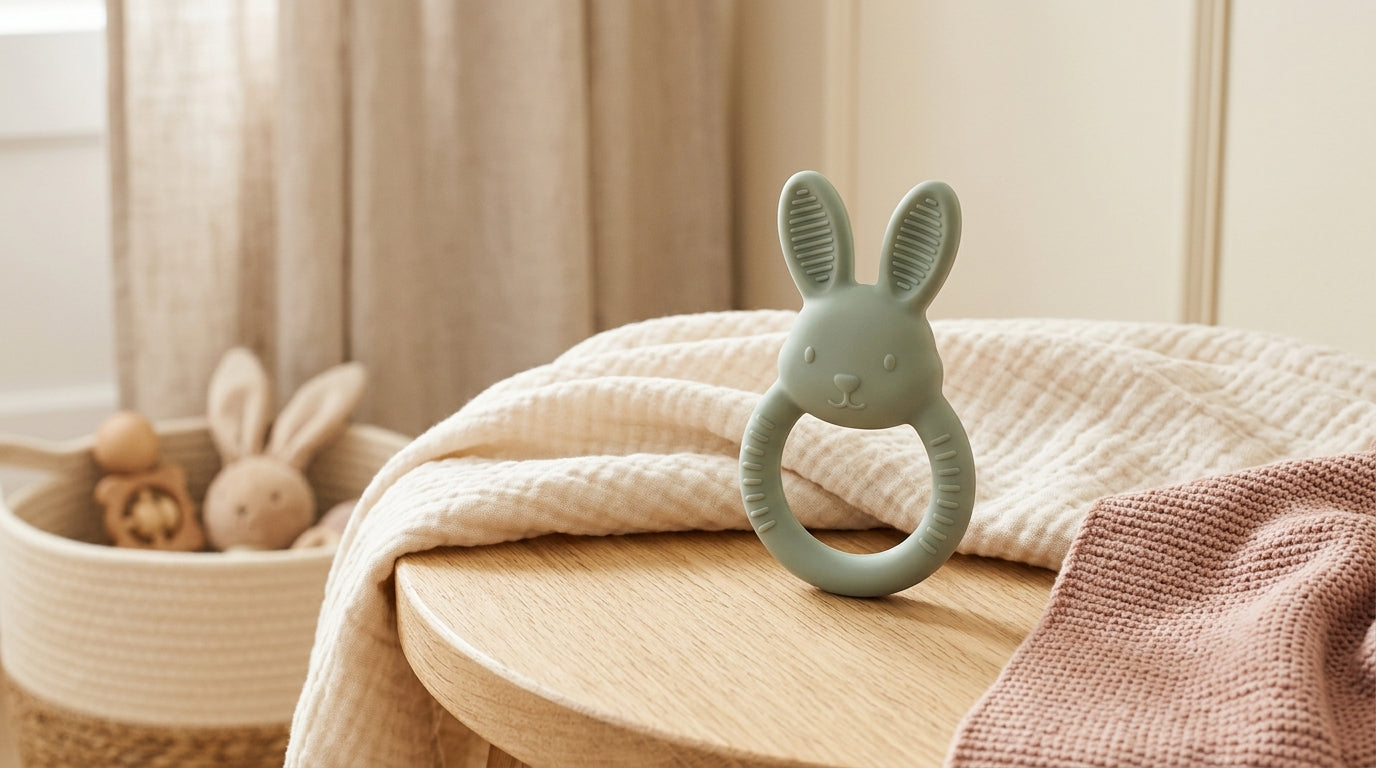 A wooden and silicone bunny teether toy sitting on a coffee table next to a baby monitor.