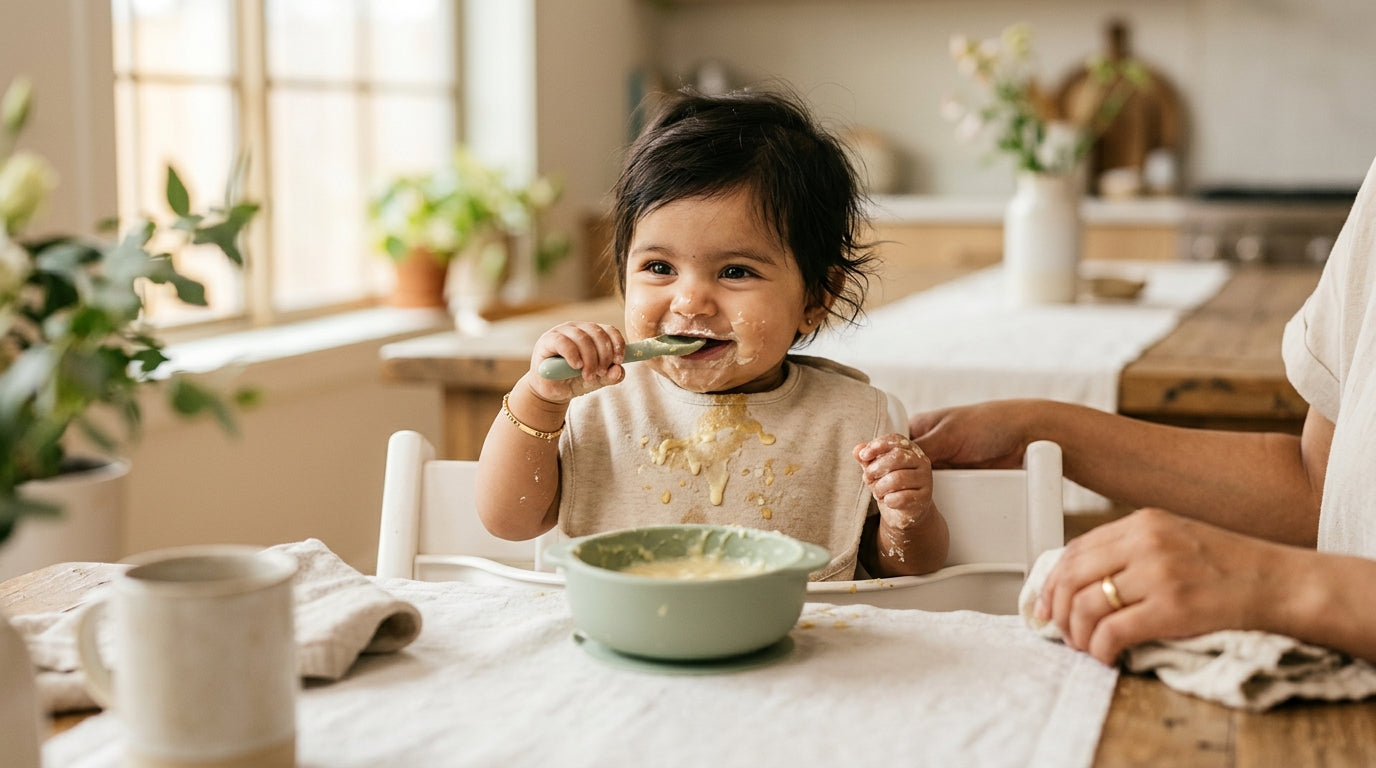 Messy high chair tray covered in buttermilk baby pancake pieces