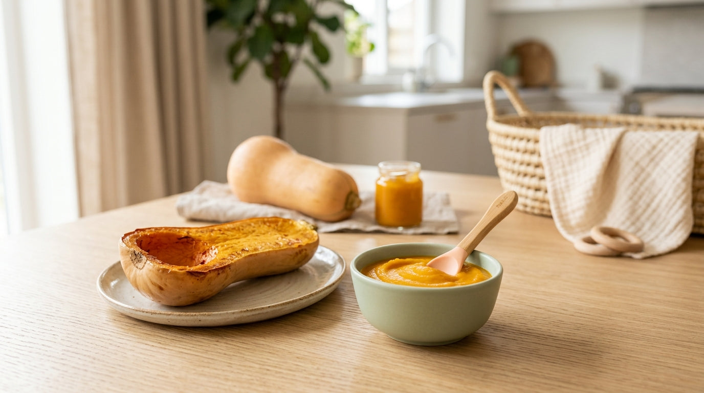 A messy baby covered in bright orange butternut squash puree sitting in a high chair
