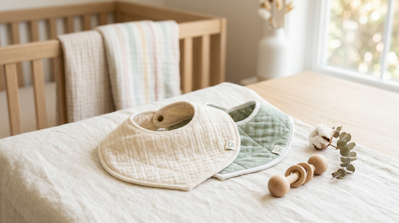 A pile of folded organic cotton baby bibs sitting on a wooden nursery dresser