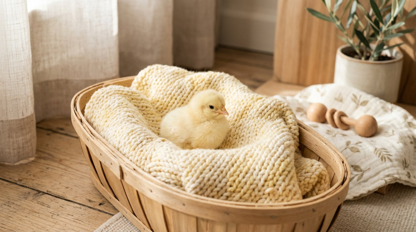 A tired mom holding a coffee while looking at a baby chick