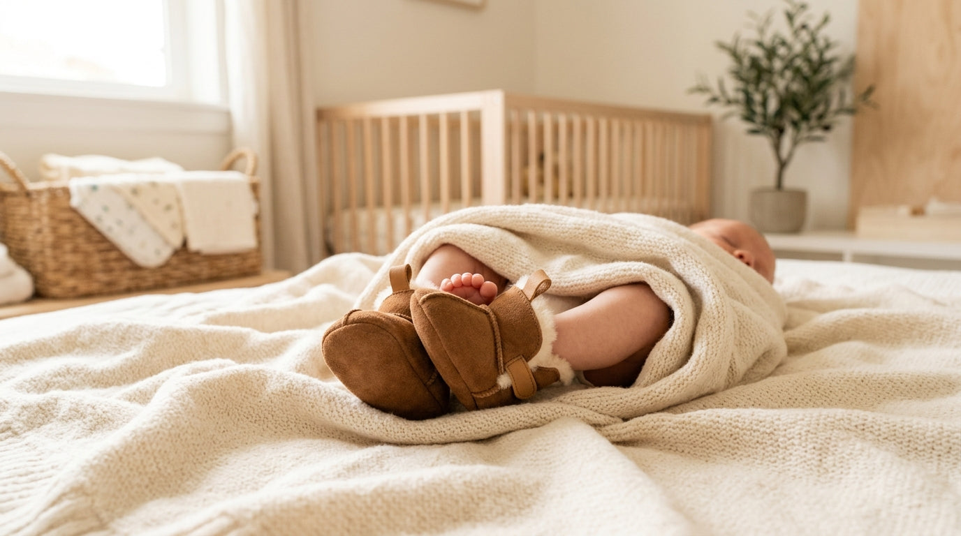 Small tan sheepskin booties sitting next to a half empty cup of cold coffee on a messy rug.