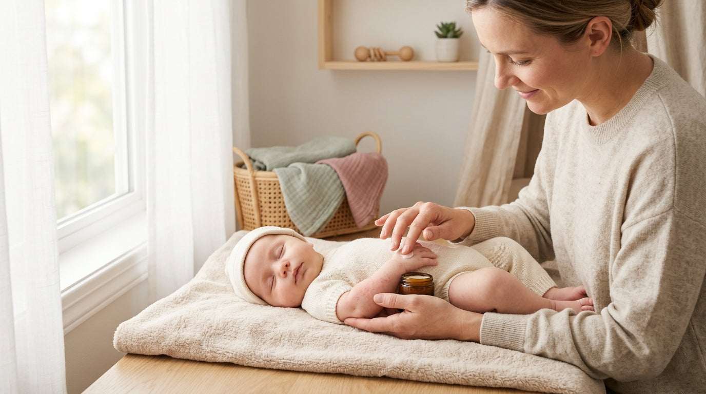 A tired mom holding an empty jar of baby cream in a dim nursery