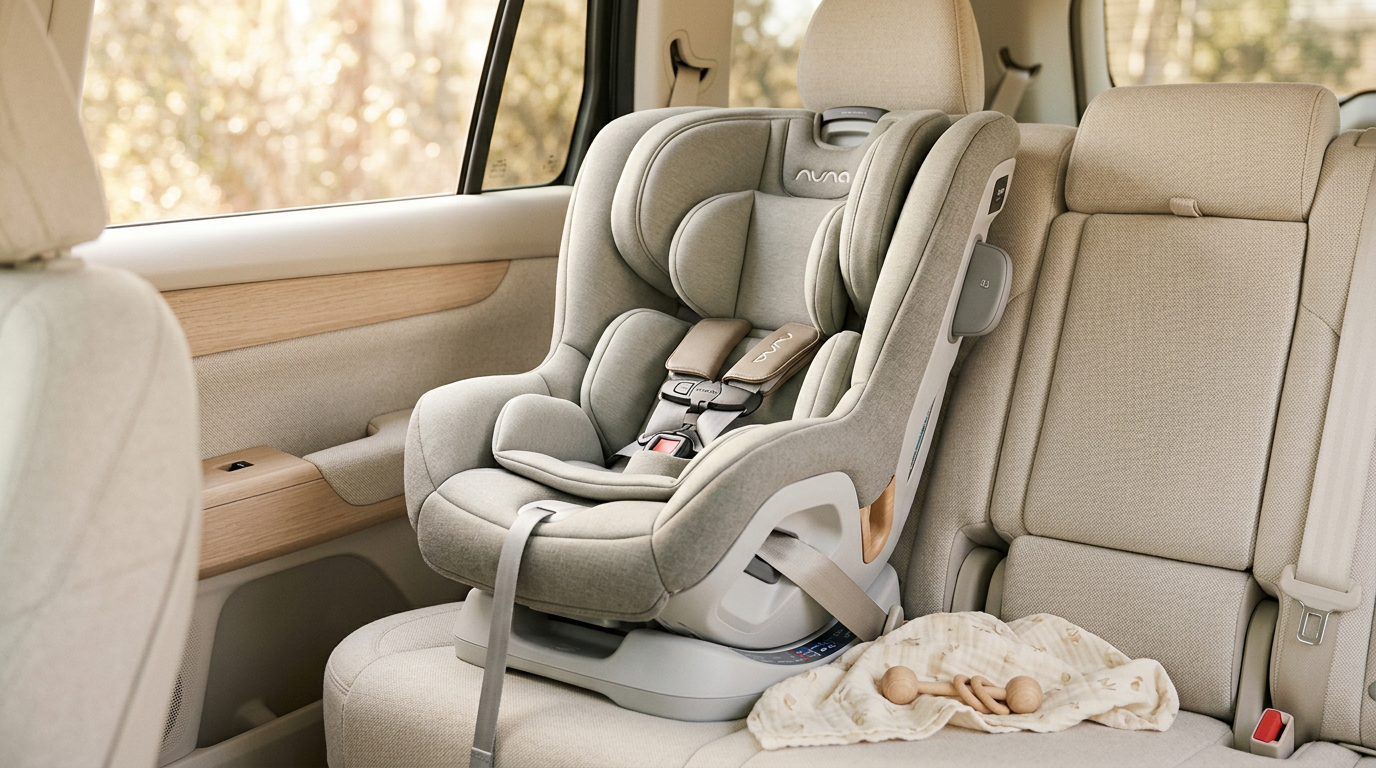 A frustrated mom adjusting the straps on a rear-facing infant car seat.