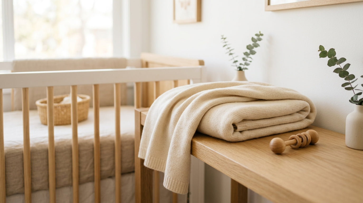 A soft knitted cashmere blanket draped over the arm of a wooden rocking chair.