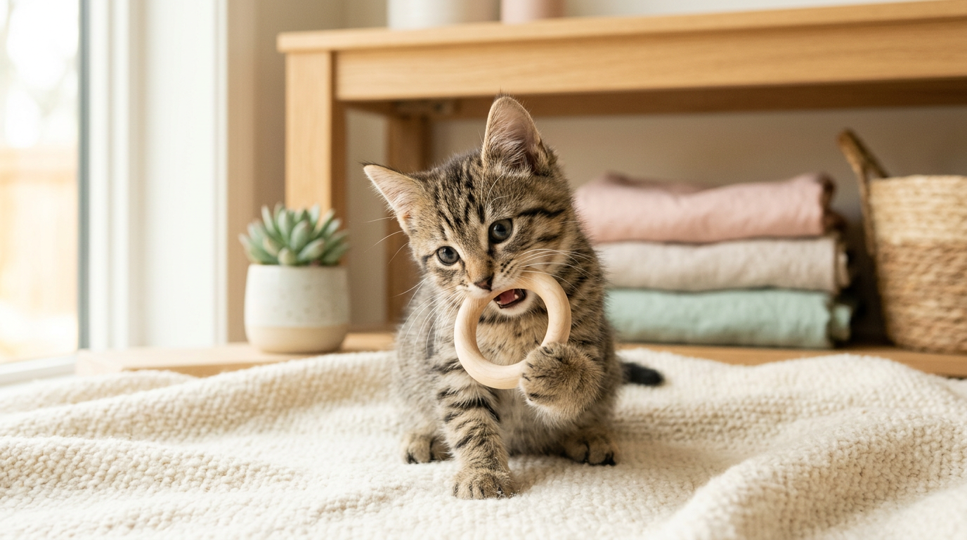 A small kitten chewing on a silicone teether next to a toddler