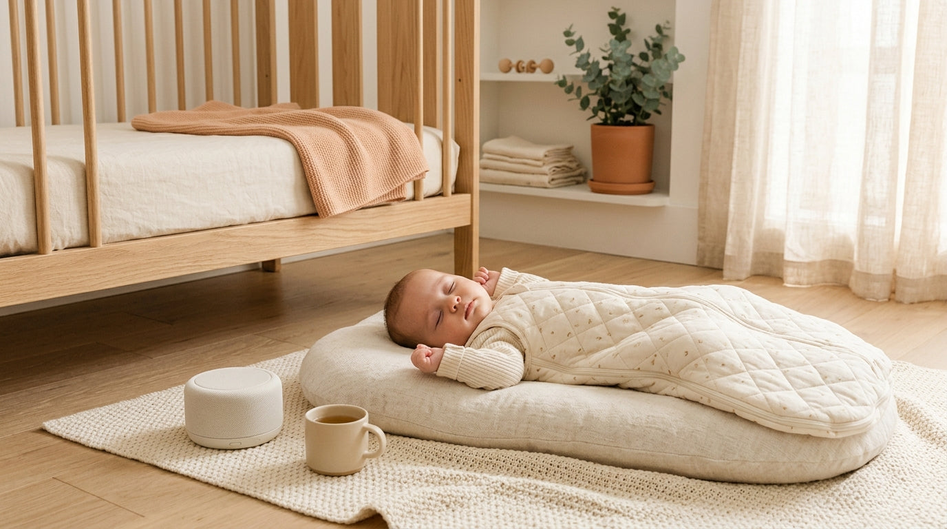 Exhausted dad holding a baby while looking at a smartphone in a dark nursery
