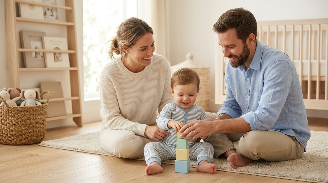A tired father holding a coffee cup while looking at his phone surrounded by toddler toys