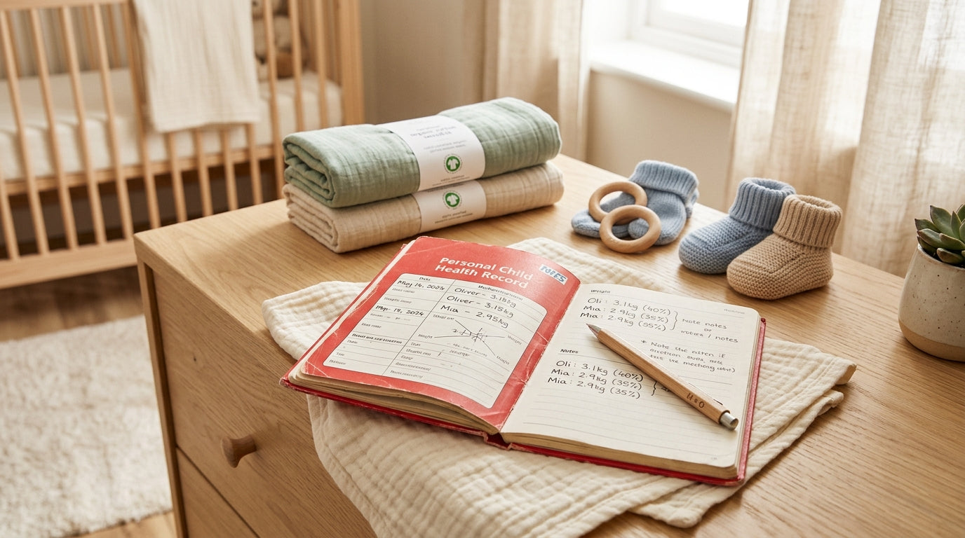 Twin babies sitting on a clinical weighing scale looking incredibly suspicious