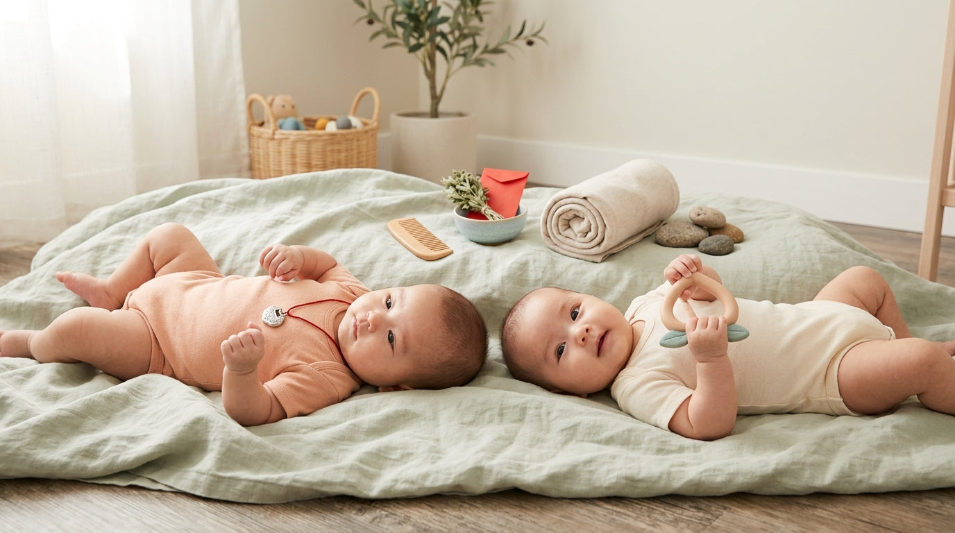 A tired father holding two babies while looking confused at a smartphone screen.
