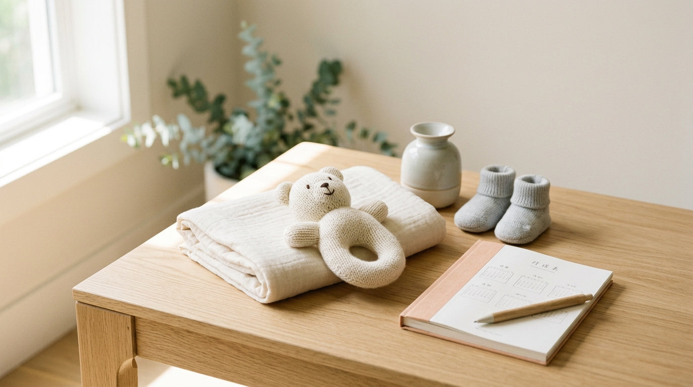 Jess folding a gender neutral baby blanket in a woodland themed nursery.