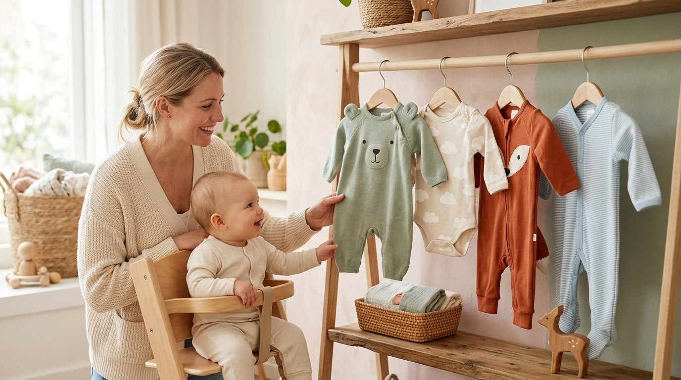 Stressed mom holding a crying infant dressed in an itchy polyester pumpkin outfit