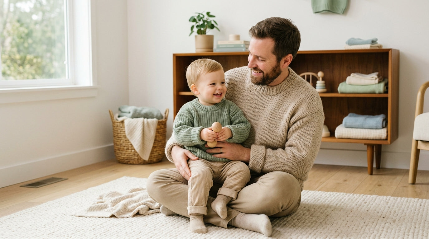 Marcus's baby wearing a heavily textured organic cotton sweater in Portland.
