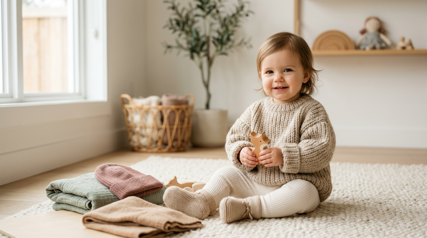 Toddler wearing a chunky knit sweater outdoors in winter