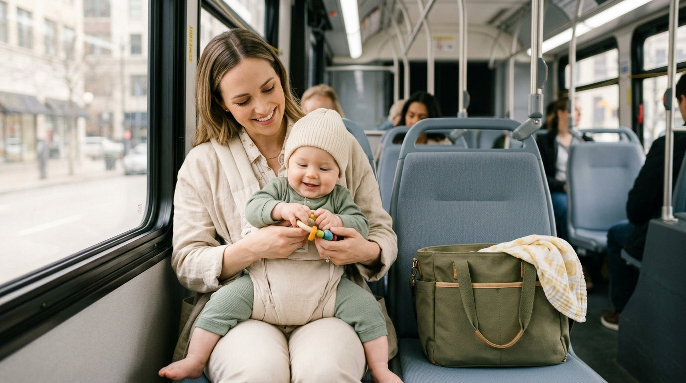 Stressed mom wearing an infant in a carrier while waiting for a city bus