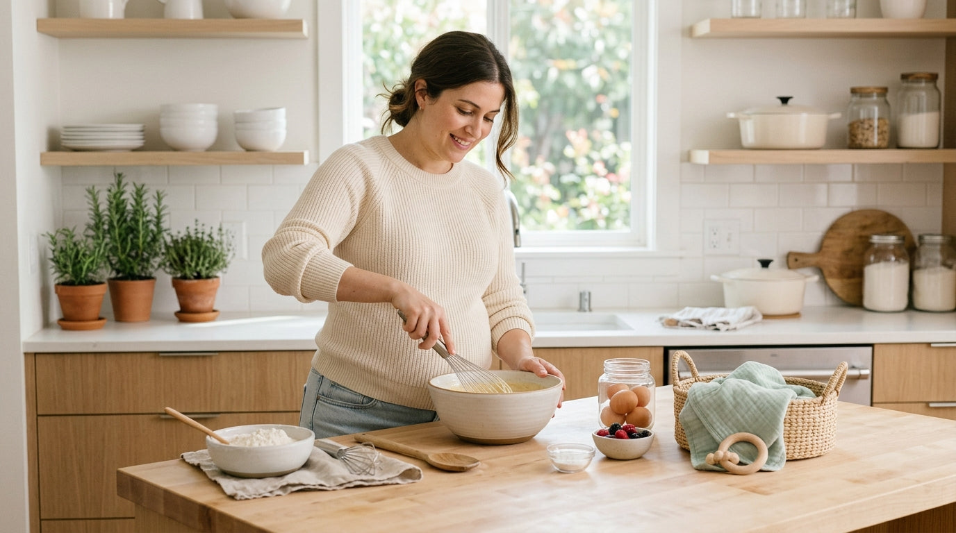 Pregnant baker in a kitchen holding a mixing bowl while resting her back against the counter