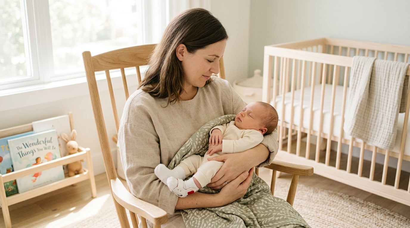 Exhausted mom holding a crying baby wearing a clubfoot boots and bar brace while drinking cold coffee